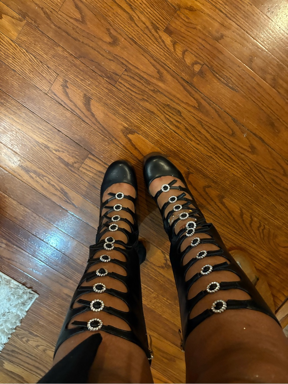 Black Knee-High Strappy Heeled Boots with Rhinestone Rings